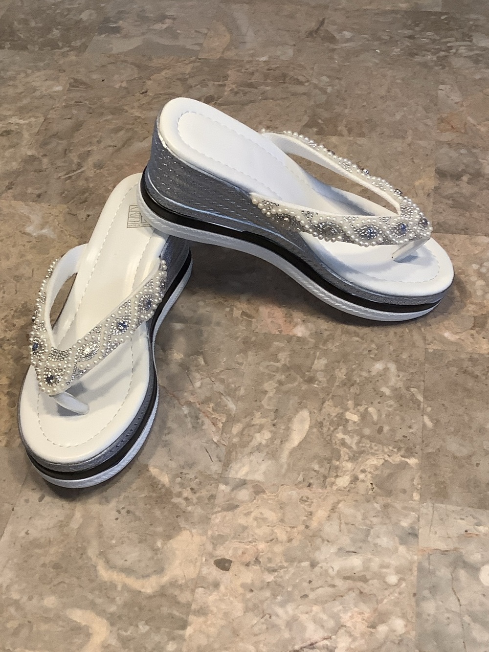 White Beaded Wedge Flip Flop Sandals - Womens Dress Sandals